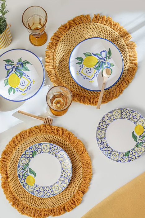 Hermia Set de Servir Pasteles de 4 piezas en Cerámica, 20 cm, Blanco, Azul Marino y Amarillo